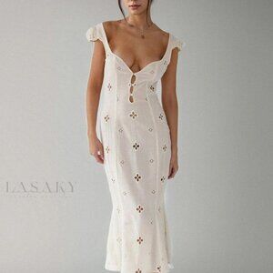 Maxi eyelet embroidered long off white dress with cap sleeves